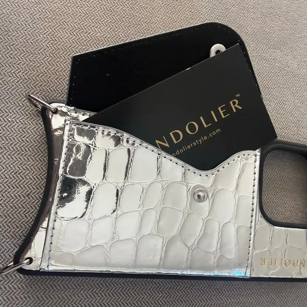 Bandolier iPhone 15 Pro Silver Croc Wallet Phone Case Card Holder No Strap